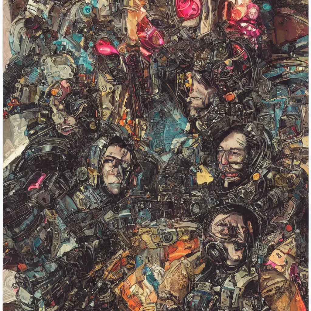 Prompt: A dramatic full-color cyberpunk art nouveau styled bust portrait of philthy animal taylor as a futuristic space punk rebel drum soldier, hyperdetailed artwork by Travis Charest, Chris Achilleos, Walt Simonson and Bill Sienkiewicz, wild power, crazy fun, rebelliousness, confident laughing eyes, tarnished and rusted metal, blade runner architecture, perfectly symmetrical facial features, 8k, deeply hyperdetailed, moody cinematic lighting, realistic mechanical details, 8k, UHD, HDR