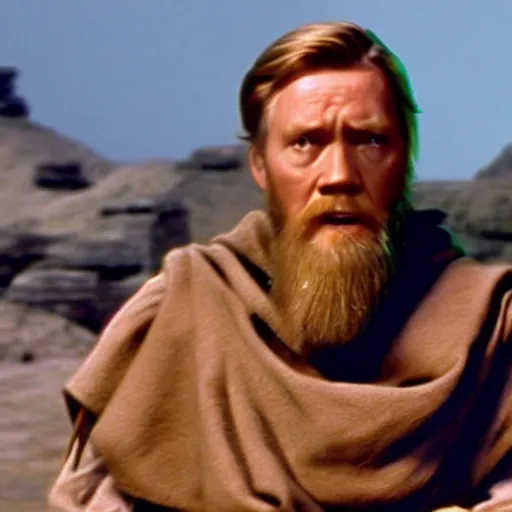 Prompt: film still of Ewin McGregor as Obi Wan Kenobi in Star Wars 1977