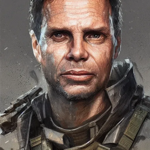 Prompt: portrait of superhero by greg rutkowski, michael biehn wearing a military like kevlar gear, highly detailed portrait, digital painting, artstation, concept art, smooth, sharp foccus ilustration, artstation hq