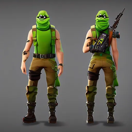 Image similar to anthropomorphic pickle man wearing bullet proof vest, ammo bandolier, tactical cargo pants, black military boots. fortnite character design