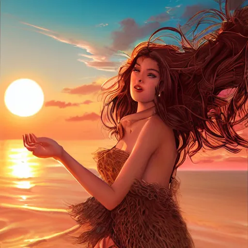 Image similar to portrait of beautiful woman on the beach, brown eyes, vomiting snakes, sunset, highly detailed, by wlop, rossdraws, artgerm.