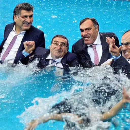 Image similar to florentino perez, laporta and tebas swimming in a pool full of money