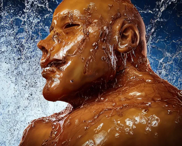 Prompt: a massive sculpture of a squashed human face with with worms instead of eyes made out of dripping jelly on the ocean water, cinematic, hyper - realistic, very detailed, realistic water splashes, ray tracing, 8 k resolution, long - shot, sharp focus, low angle, 8 5 mm photograph, wide lens