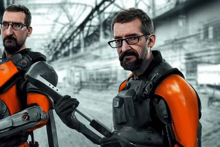 Prompt: vfx movie closeup real life gordon freeman holding wearing futuristic armor, half life logo on chest, crowbar in russian train yard by emmanuel lubezki