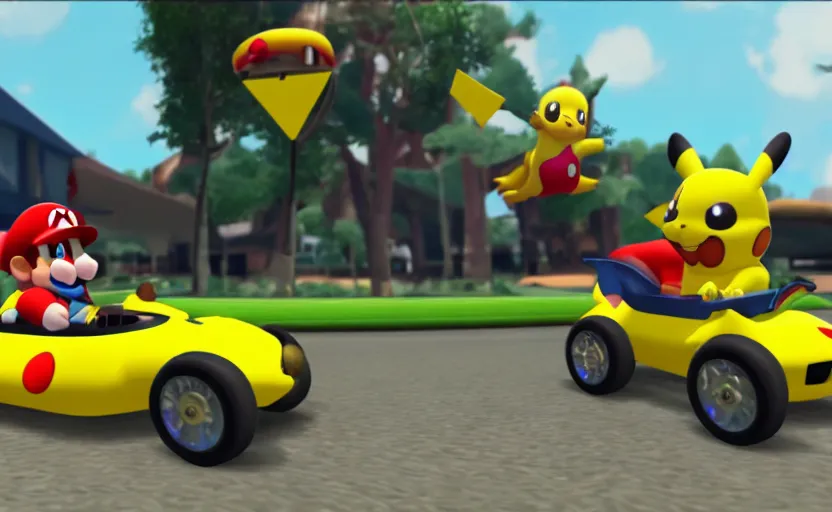 Image similar to Pikachu in Mario Kart, screenshot,