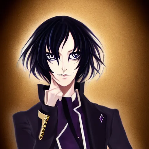 Image similar to eccentric portrait of Lelouch Lamperouge, mysterious man, professional photography, color correction, realistic eyes