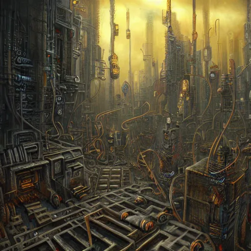 Prompt: painting of labyrinth cyberpunk metropolis in the style of steampunk by dan seagrave and tomasz alen kopera