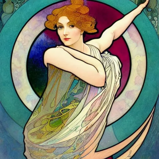 Image similar to The Goddess of Art, paint, ink, palettes, spectrum, in the style of Joshua Middleton, Mucha, Kandinsky