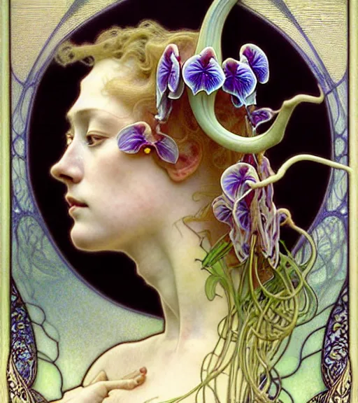 Prompt: beautiful young orchid fairy detailed realistic porcelain face portrait by jean delville, alphonse mucha, iris van herpen and marco mazzoni, art forms of nature by ernst haeckel, art nouveau, symbolist, visionary, gothic, neo - gothic, pre - raphaelite, fractal lace, intricate alien botanical biodiversity, surreality, hyperdetailed ultrasharp octane render