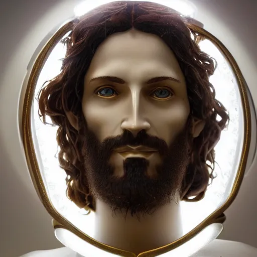 Image similar to beautiful centered fine art photo of jesus christ as a solarpunk robotic humanoid, white mechanical parts with led lights, bouguereau style pose, photorealistic, white background, highly detailed and intricate, soft box lighting, hdr 8 k