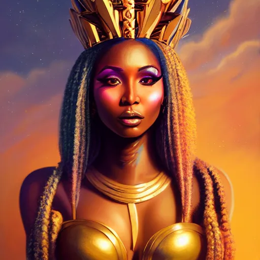 Image similar to portrait of nicki minaj, dark skin, gold jewelry, african princess, art by pete mohrbacher and guweiz and ilya kuvshinov, digital art, highly detailed, intricate, sharp focus, trending on artstation hq, deviantart, unreal engine 5, 4 k uhd image