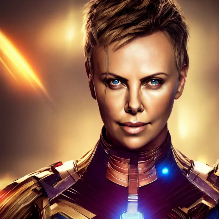 Image similar to portrait of (Charlize Theron), wearing The Infinity Gauntlet. intricate artwork. octane render, trending on artstation, very coherent symmetrical artwork. avengers. thanos. cinematic, hyper realism, high detail, octane render, 8k, iridescent accents