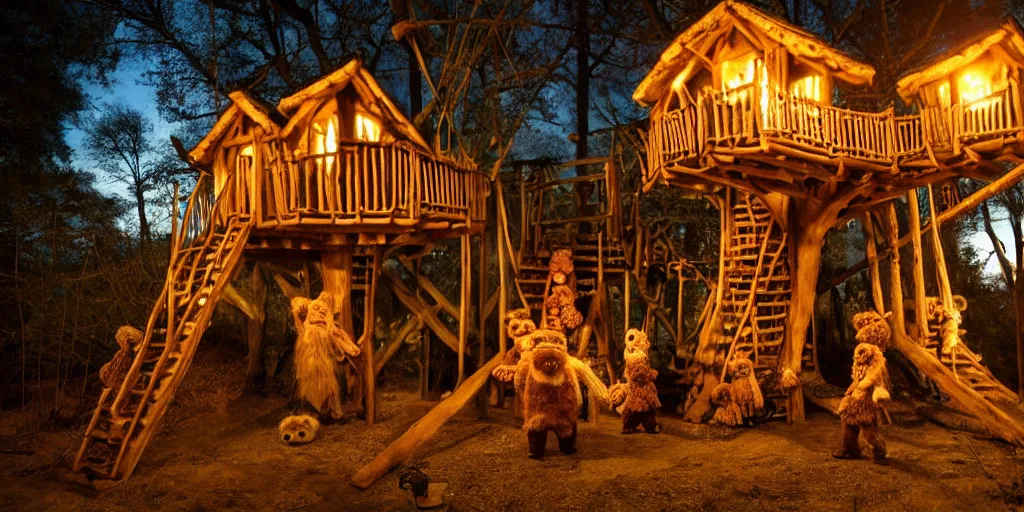 Image similar to intricate treehouse village, fuzzy warrior bears in handmade clothes, bones of the enemy in background, warm torchlight glow, wooden pathways with handrails,