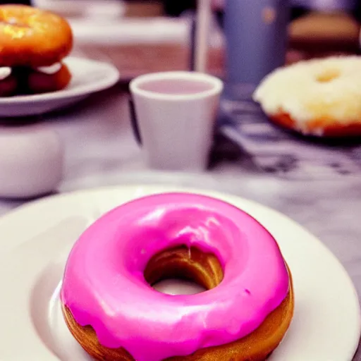 Image similar to a donut, pink frosting, on a plate in a busy diner, cinestill 800