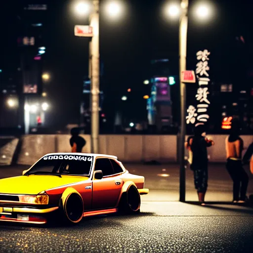 Image similar to a car S30 turbo drift at illegal car meet, shibuya prefecture, midnight mist streetlights, color grade, photorealistic, highly detailed wheels, highly detailed