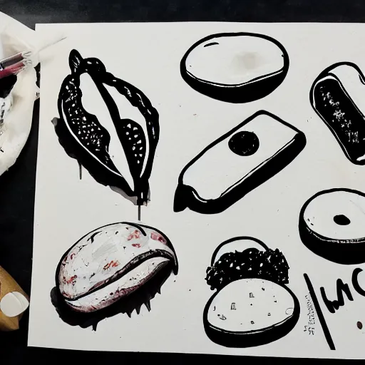 Prompt: marker paintings of street food with off white background in black and white