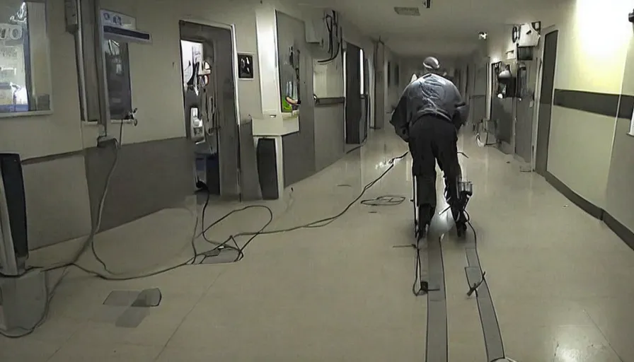 Prompt: a man being hospitalized by robots, by mini dv camera, very very low quality, heavy grain, very blurry, accidental flash, webcam footage, found footage, security cam, caught on trail cam