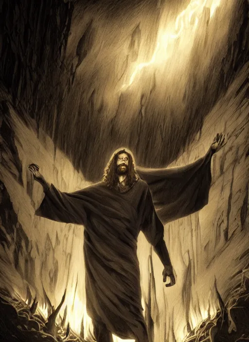 Image similar to Jesus with fire in his eyes, dark colors, sinister atmosphere, dramatic lighting, cinematic, establishing shot, extremely high detail, photo realistic, cinematic lighting, pen and ink, intricate line drawings, by Kohei Horikoshi, post processed, concept art, artstation, matte painting, style by eddie mendoza, raphael lacoste, alex ross