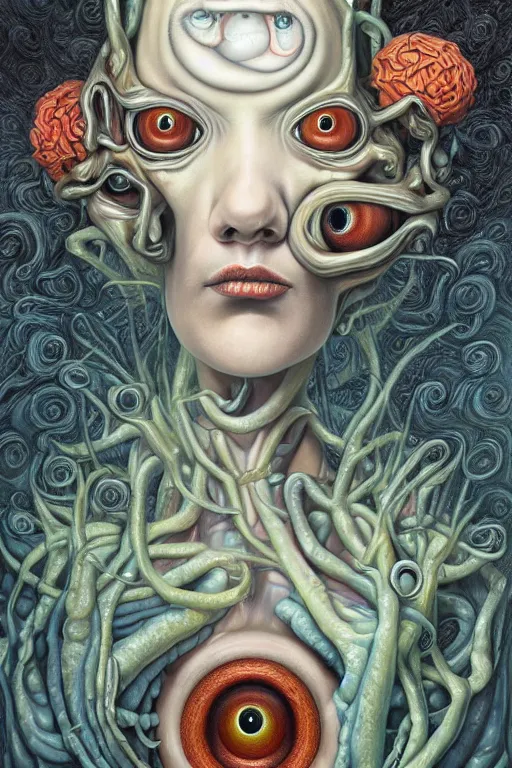 Prompt: strange surrealist, looming, biomorphic portrait of a woman with large eyes painted by dali, marco mazzoni, james jean, todd schorr and rachel ruysch, fluid acrylic, airbrush art, lovecraftian, timeless disturbing masterpiece