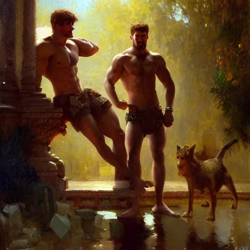 Image similar to attractive muscular mike with ginger hair with attractive tyler with brunet hair, drinking their hearts out, in their noble mansion. very defined and highly detailed painting by gaston bussiere, craig mullins 8 k