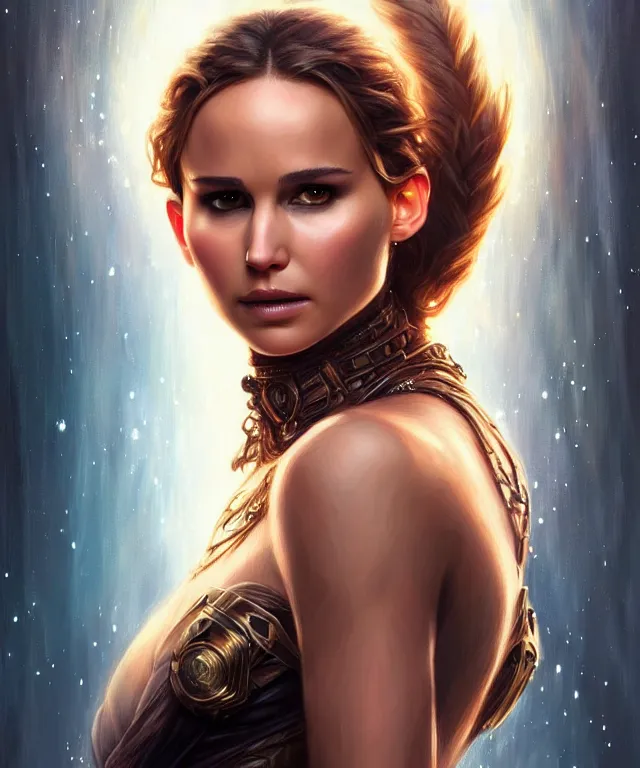 Image similar to half nathalie portman half Jennifer lawrence a fantasy magic woman portrait, sci-fi, amber eyes, face, long hair, fantasy, intricate, elegant, highly detailed, digital painting, artstation, concept art, smooth, sharp focus, illustration, art by artgerm and greg rutkowski and alphonse mucha