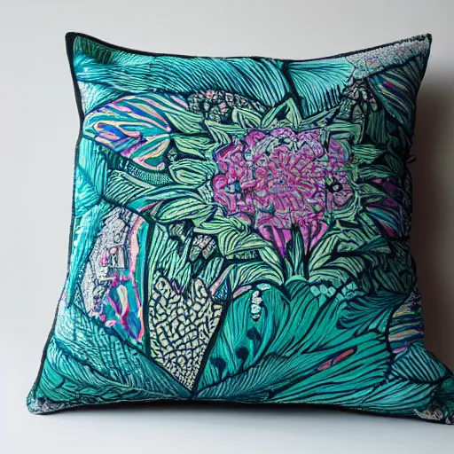 Image similar to the most amazing pillow every made, product shot, intricate, fine detail, full maximalist print