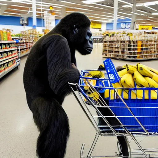 Prompt: a man in a gorilla suit with a shopping cart filled with bananas at walmart