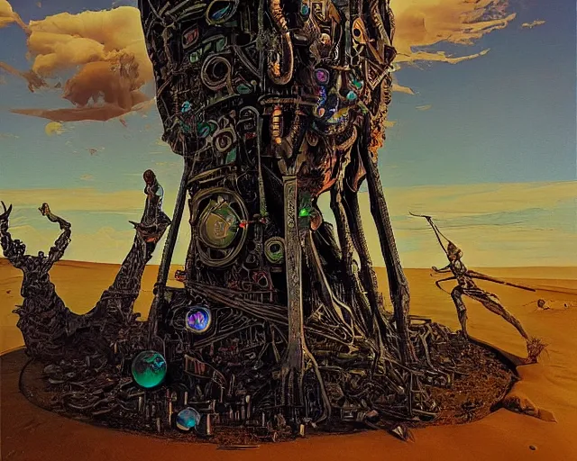 Prompt: strange cyberpunk pagan giant monument in the middle of the desert in the style of dali and bosch and moebius, oil painting