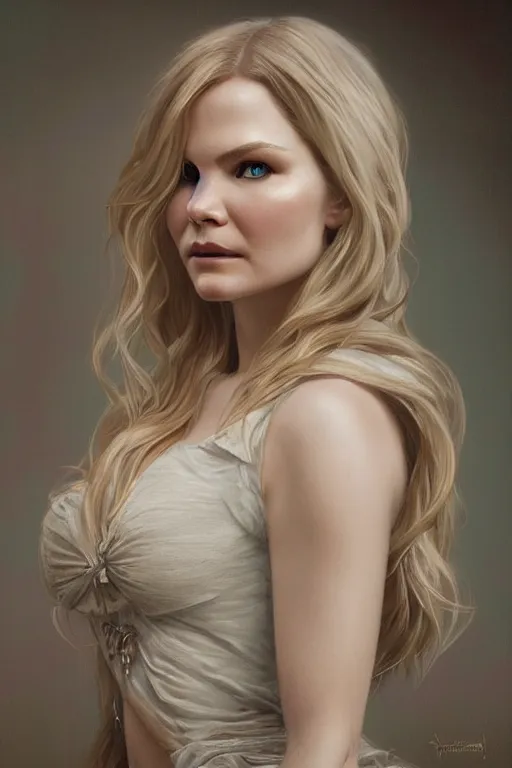 Image similar to painting of jennifer morrison,, ultra realistic, sharp details, subsurface scattering, intricate details, warm lighting, beautiful features, highly detailed, photorealistic, octane render, 8 k, unreal engine, art by artgerm and greg rutkowski and alphonse mucha