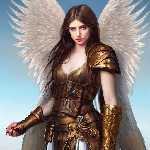 Prompt: portrait of young aasimar angel girl maiden wearing comfy leather armor with beautiful feathered angel wings, cute face, brown eyes, Alison Williams, Emma Roberts, by artgerm and greg rutkowski and alphonse mucha and andrei riabovitchev, 4k oil on linen, vivid colors, colorful, photorealistic, high dynamic range, HDR, intricate, elegant, highly detailed, digital painting, artstation, concept art, smooth, sharp focus, illustration, mid-shot, medium shot, hyperdetailed