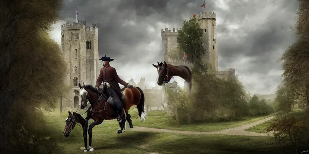 Image similar to plano general de un caballero montado a caballo, colina de fondo con castillo medieval. digital art, art station, realista,