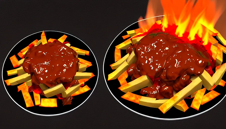 Image similar to poutine ( the canadian meal ) from mount doom, volcano texture, lava texture, fire texture, 8 k, octande render, unreal engine 5, surface blemishes, hdr