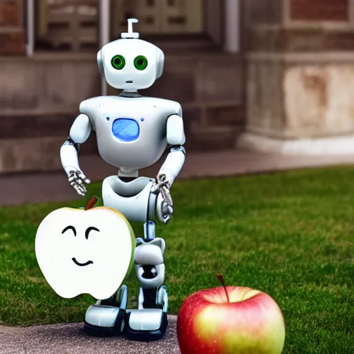 Image similar to a robot butler holding a plate with an apple on it.