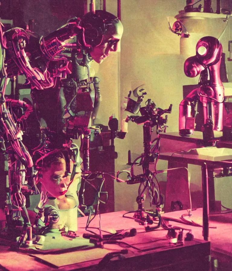 Image similar to a female mad scientist woman building a humanoid robot - man, in a darkly lit laboratory room, 1 9 5 0 s horror movie poster style, ( norman rockwell oil painting ), tight shot, close - up shot, retro science fiction, vintage, saturated pink and green lighting, shadowy lighting, cohesive