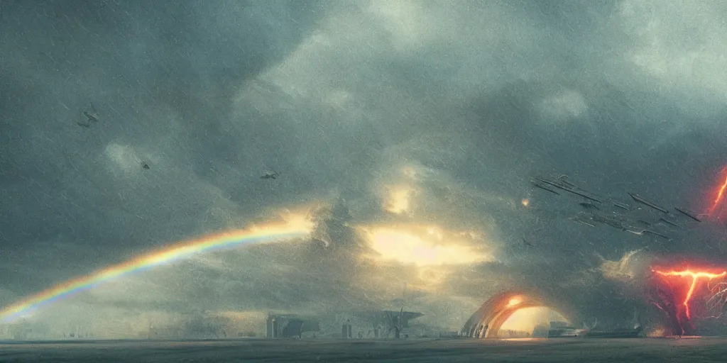 Image similar to screenshot from a renaissance airship cyberpunk cinematic masterpiece, hurricane tornado mist hail debris flying lightning, rainbow distortions, fps, cinematography, photo, photography, 4 k, by greg rutkowski, roger deakins