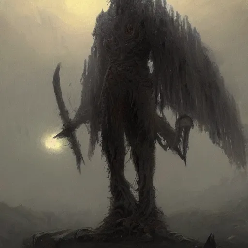 Image similar to a giant horrifying shadow spirit looming over a lone knight, fantasy horror painting by greg rutkowski and james gurney, trending on artstation, masterpiece, highly detailed, 8 k