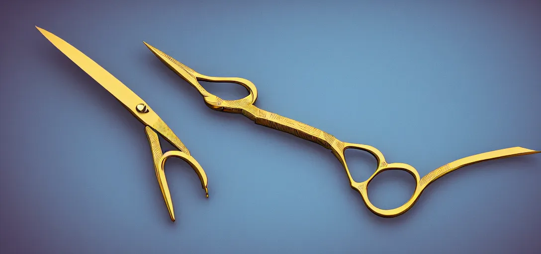 Image similar to detailed golden tailor scissors cutting a big diamond, symmetrical, details, smooth, sharp focus, illustration, realistic, cinematic, artstation,, award winning, rgb, ethereal blue lighting, 8k