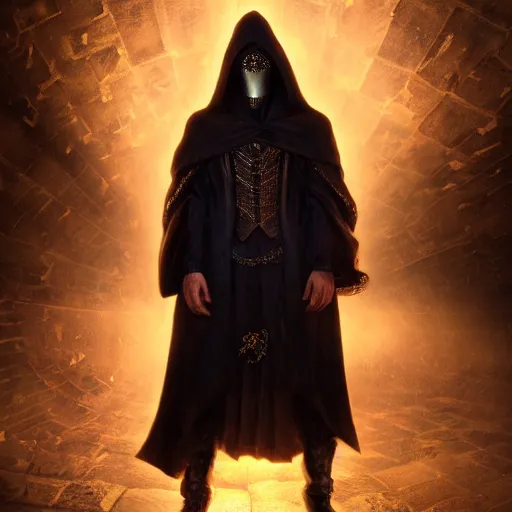 Image similar to a portrait of a man wearing a long dark cloak, hood and shadows covering face, holding golden chains, oil painting, Volumetric Golden dappled dynamic lighting, Highly Detailed, Cinematic Lighting, Unreal Engine, 8k, HD