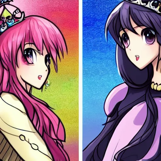 Prompt: two beautiful queens facing each other over a thrown, detailed anime art