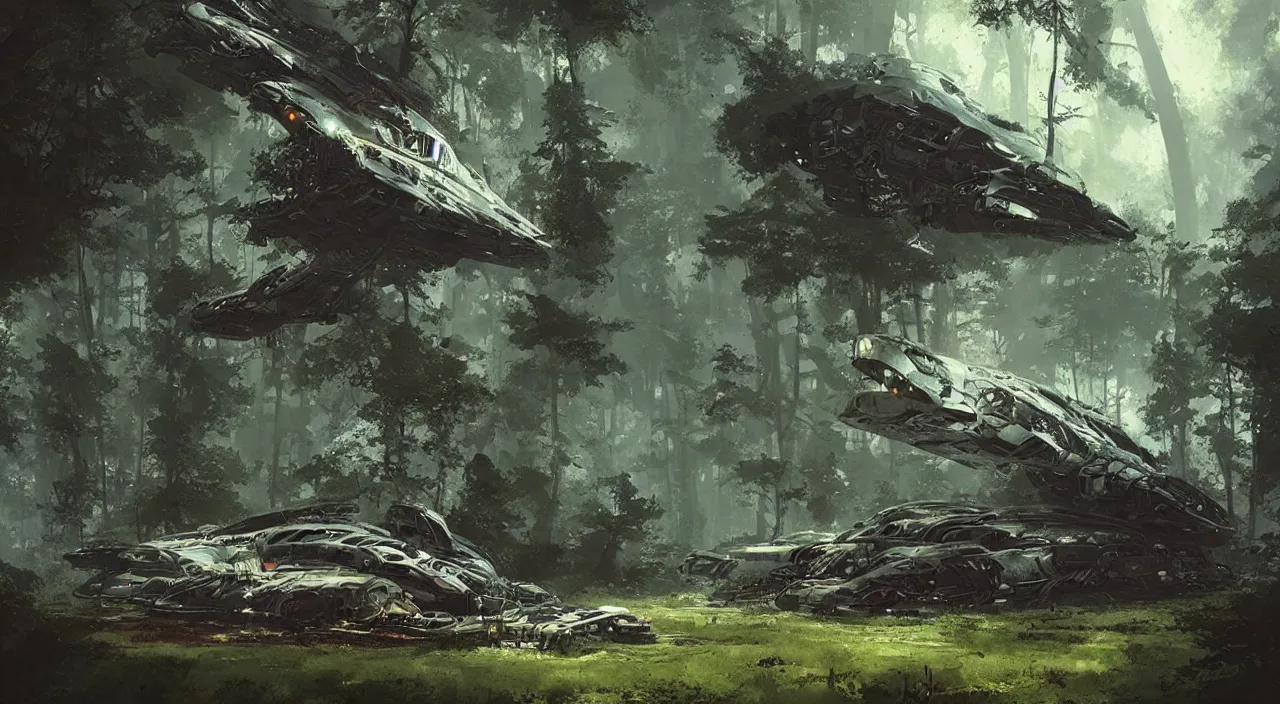 Image similar to a giant spaceship wrecked and lost in the forest, detailed digital art by greg rutkowski.