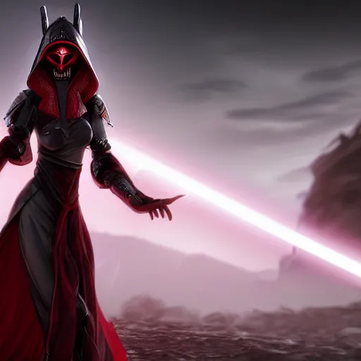 Prompt: small, thin, delicate, feminine, beautiful female sith warrior, determined, powerful, with smooth porcelain skin, long flowing red hair, wearing black and red imperial sith military robes, translucent face veil and hood, in military battle leading soldiers, full body portrait, centered composition, unreal engine render, 8 k, hypermaximalist, extremely detailed, cinematic, nighttime, dark lighting