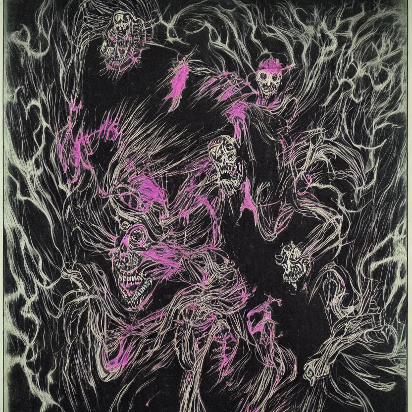 Prompt: Portrait of a nightmare terror by Utagawa Kuniyoshi and Stephen Gammell, blacklight, blacklight paint, ultraviolet