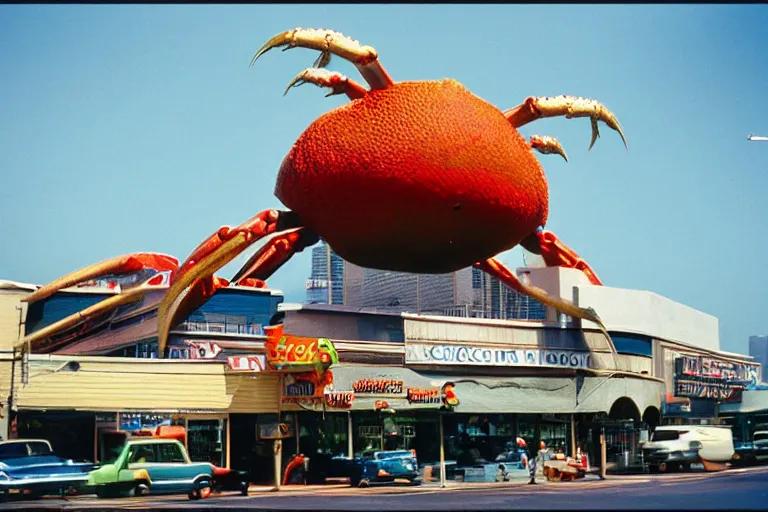 Image similar to 2 0 1 5 giant crab terrorizing a city, googie architecture, americana, fishcore, exterior photography, hd 8 k, photography cinestill