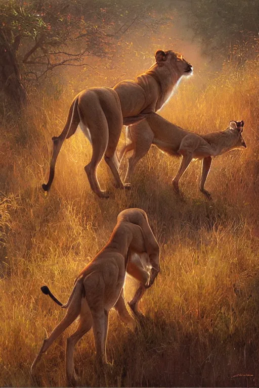 Image similar to spiritual twin flame lioness hunting deer art, pink sunset hue, highly detailed, oil painting hue, by craig mullins