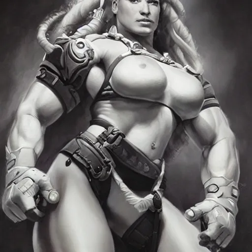 Image similar to detailed portrait of zarya from overwatch, intricate, hyper detailed, realistic, oil painting, by julie bell, frank frazetta, cinematic lighting