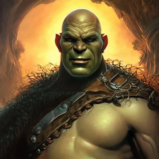 Image similar to a fantasy comic book style portrait painting of a bald half - orc male warrior, art by artgerm, boris vallejo, karol bak, mark brooks, donato giancola, bayard wu, 4 k, hires, focus