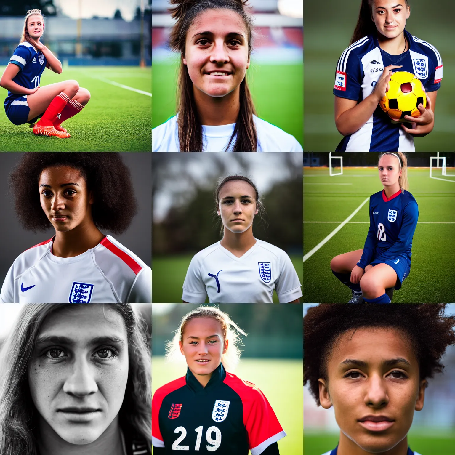 Prompt: a portrait photograph of 2 1 - year - old, football female player for england, in kit, canon 8 5 mm f 1. 2 photograph head and shoulders portrait