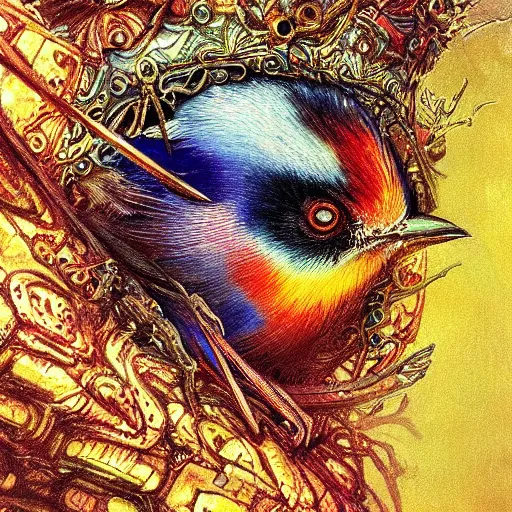 Image similar to camera photo of a colorful small bird, golden crown, from overlord, close up, fantasy, intricate, elegant, highly detailed, digital painting, artstation, concept art, sharp focus, illustration, art by luis royo, wayne barlowe, kirsi salonen, asya yoranova and alan lee