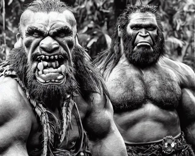 Image similar to hyper realistic group vintage photograph of a live action warcraft orc warrior tribe in the jungle, tall, hulk like physique, detailed faces, tribal paint, tribal armor, grain, old, monochrome, sepia toned, realistic lighting, wide angle