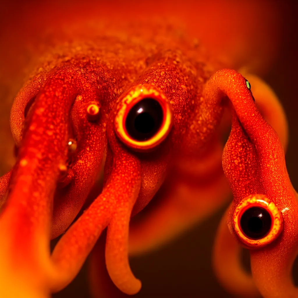 Image similar to fiery whimsical emotional eyes cephalopod, in a photorealistic macro photograph with shallow dof